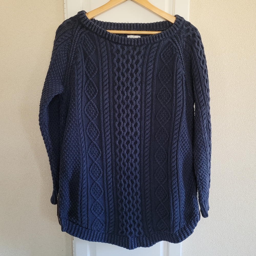 L.L. Bean Signature Navy Blue Cotton Fisherman Tunic Sweater Size Medium